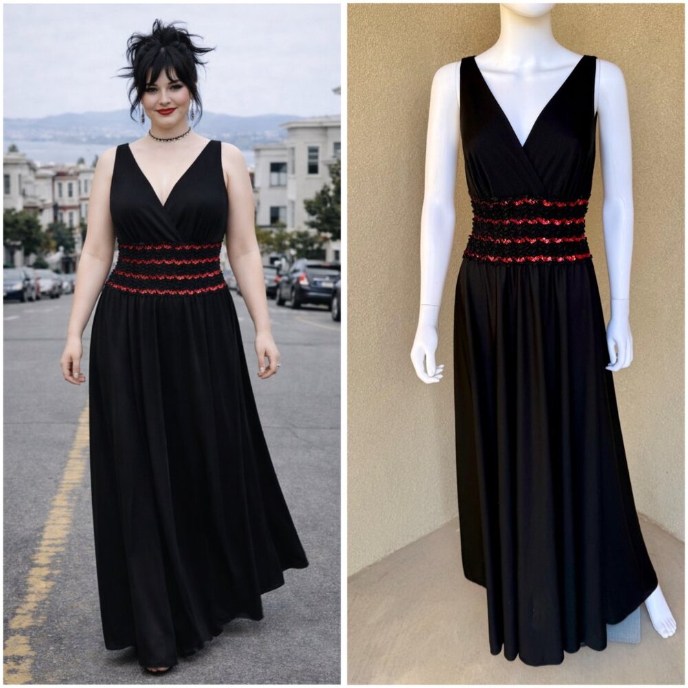 Black 70s Red Sequin Waist Disco Maxi Dress
